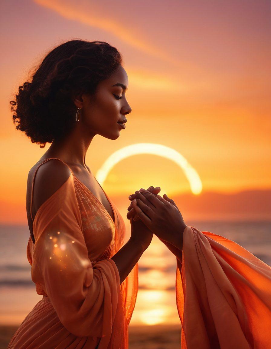 A serene setting featuring two diverse figures, one gently holding the other's hand, surrounded by soft, glowing lights symbolizing intimacy and empowerment. In the background, a vibrant sunset casts warm hues that create a sense of confidence and warmth. Artistic elements like flowing fabric or abstract shapes embody sensuality and connection. Stylish typography subtly integrated into the image supports the theme. super-realistic. vibrant colors. soft focus.
