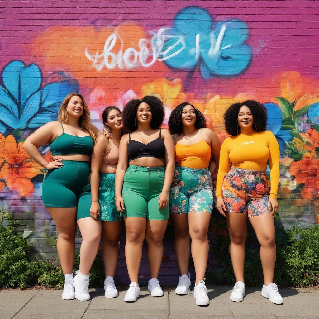 A diverse group of fashionably dressed individuals of various body types confidently posing together in a modern urban setting, showcasing vibrant, eclectic outfits and unique styles that celebrate body positivity. Incorporate elements of nature like flowers and greenery to symbolize growth and inclusivity. The background features a graffiti mural depicting positive affirmations about beauty and self-love. bold colors. contemporary style. urban environment.