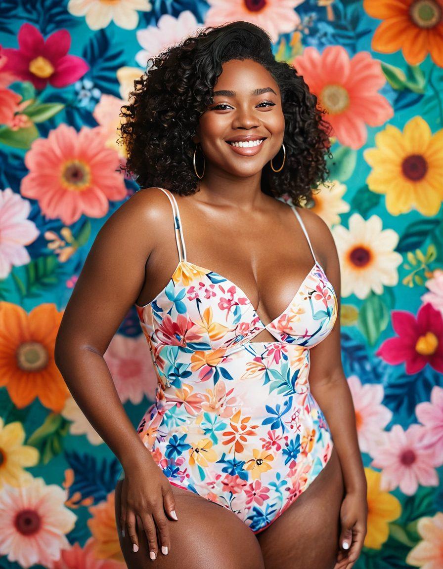 A confident woman radiates body positivity, celebrating her curves with a joyful smile, surrounded by vibrant floral patterns that symbolize beauty in diversity. Soft lighting enhances her features, while an elegant backdrop of soft pastel colors adds a touch of sensuality. The scene conveys empowerment and self-love, inviting viewers to embrace their own bodies. vibrant colors. soft focus. artistic illustration.